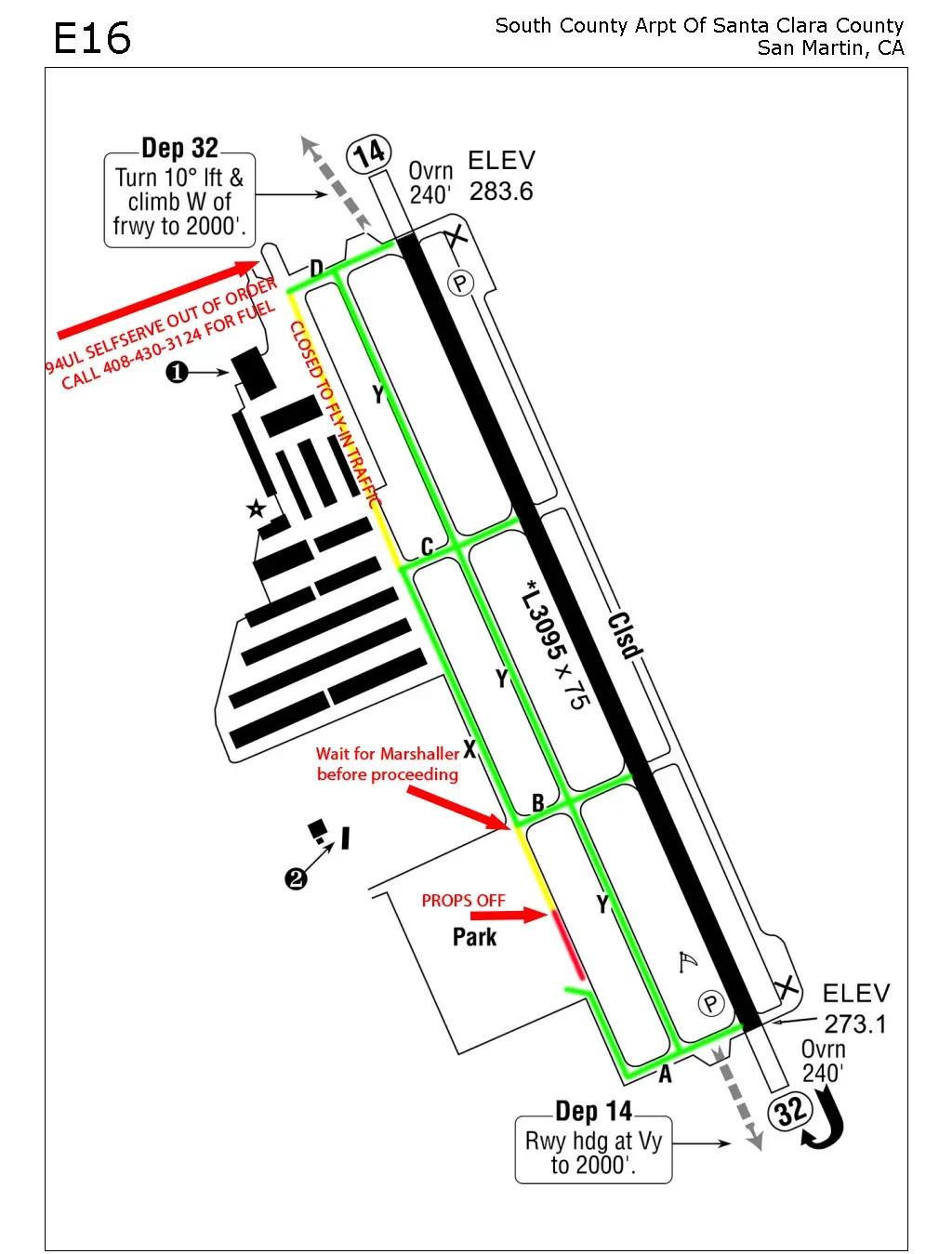 E16 San Martin Airport taxiway diagram showing propellers off zone and taxiway closures